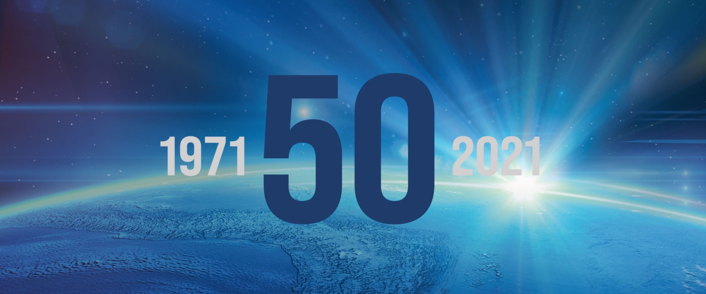 Video Animation of Globe and the 50th Anniversary section title. Shows flying images of the Team's projects and innovations through the years 