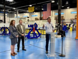 U.S. Senator Martin Heinrich (D-N.M.) speaking at the AV space operations manufacturing facility, August 8th, 2025