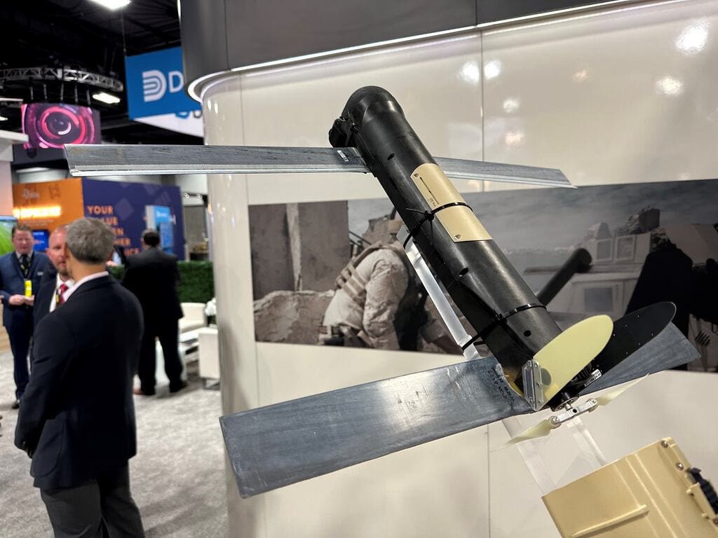 AeroVironment showed off several systems in use by Ukraine, including the Switchblade 300, during the 2022 AUSA conference. (Stephen Losey/Staff)